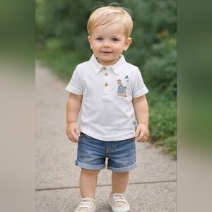 M&S Peter Rabbit Baby Polo White Waffle Knit Beatrix Potter Shirt Sz 6-9 Mo.